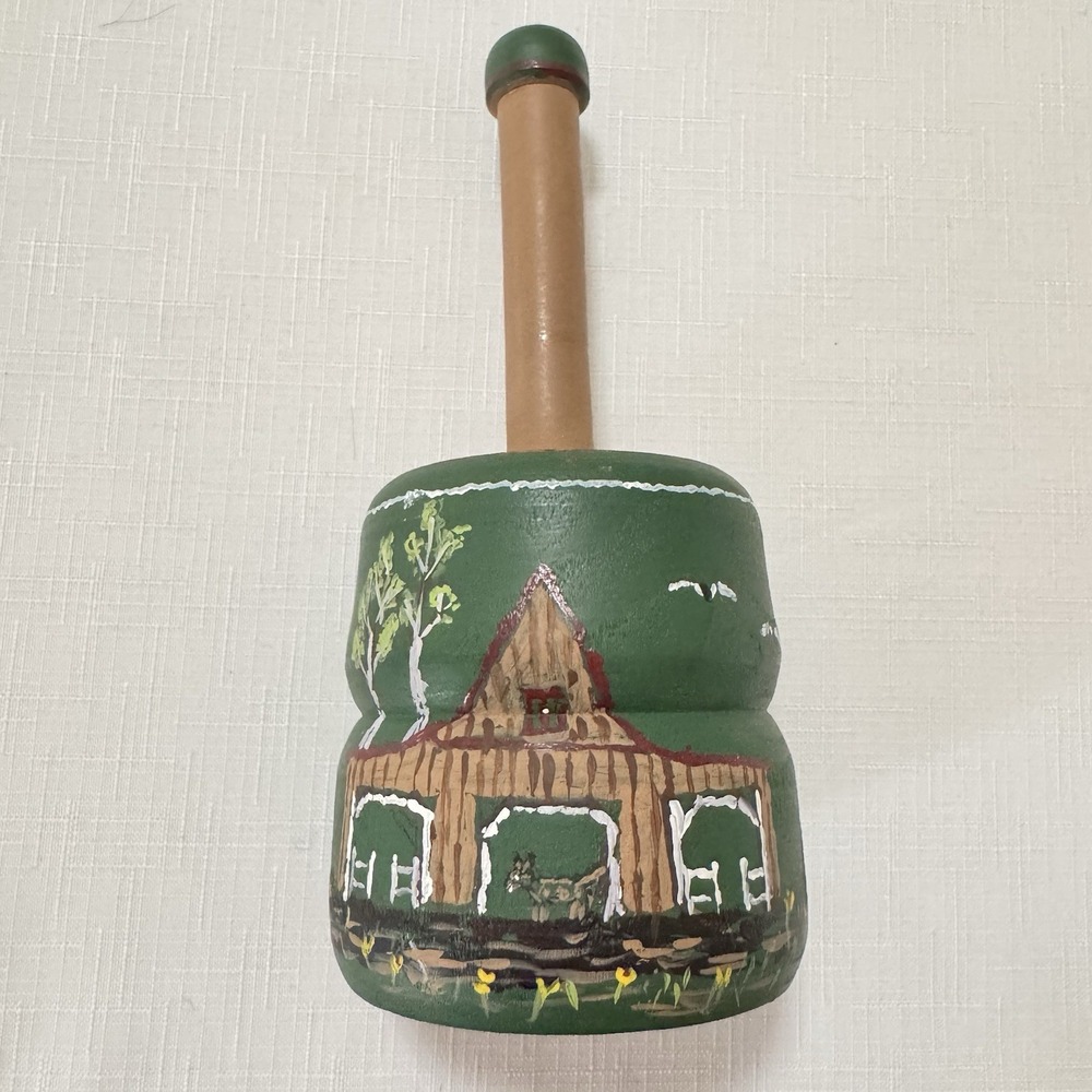 Vtg‎ Antique Wooden Butter Mold Press Folk Art Hand Painted Barn Scene Primitive